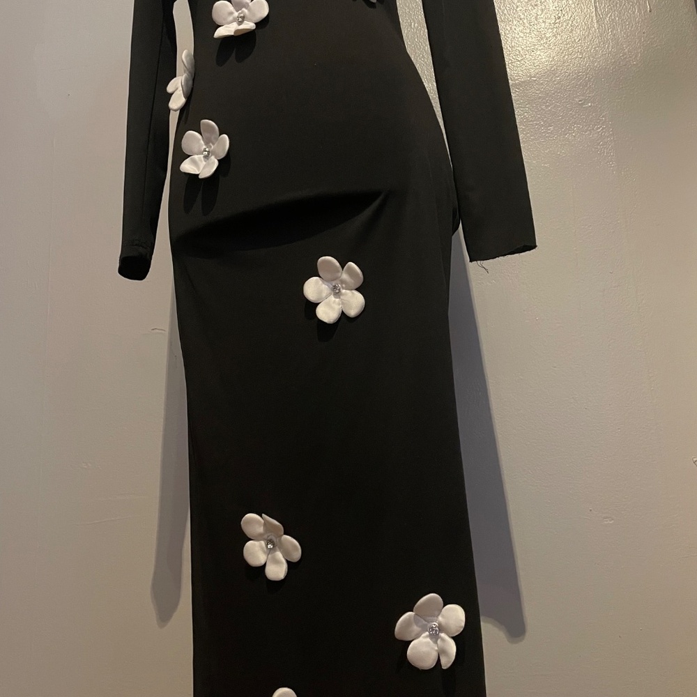 SHEIN White Floral Decor Black Stand Collar Long Sleeve Maxi Dress Size XXS - Picture 5 of 16